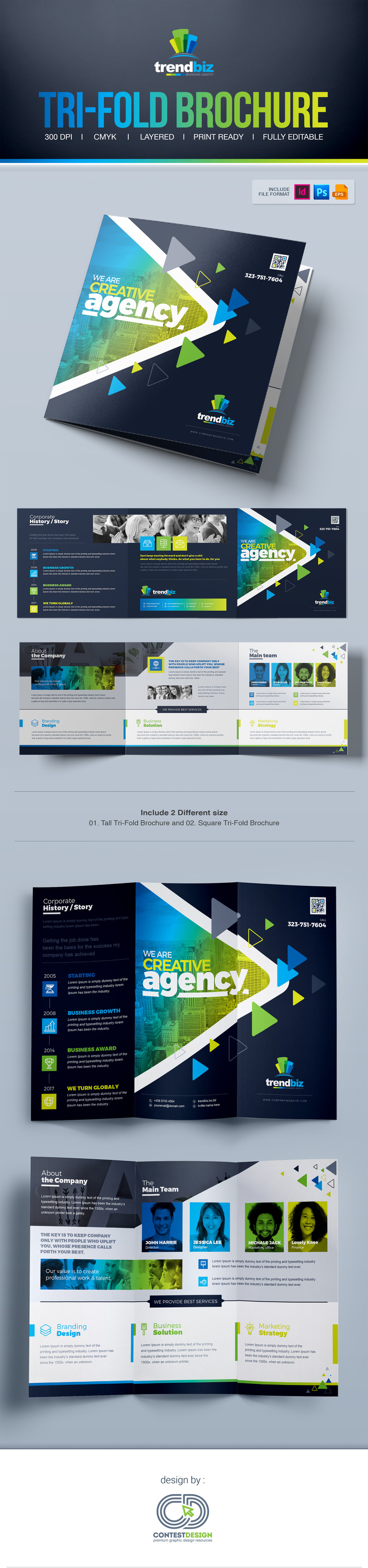 Square and Tall Tri-Fold Brochure  InDesign, PSD and EPS File Formats