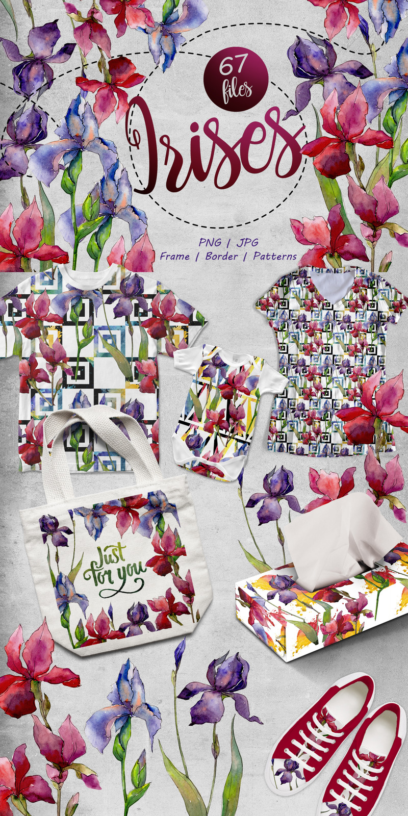Сolorful Irises PNG Watercolor Set - Illustration - Features Image 1