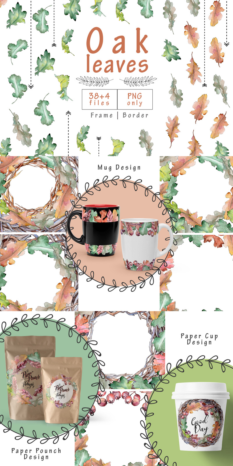 Oak Leaves PNG Watercolor Set - Illustration - Features Image 1