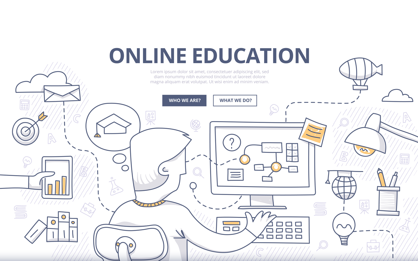 Download Vector "Online Education Doodle Concept - Vector Image" / Online Education Doodle Concept - Vector Image - Vector на тему графика abstract,learning,tutorial,education,background,course,student,lesson,training,computer,online,e-learning,banners,global,study,idea,doodle,concept,internet,knowledge