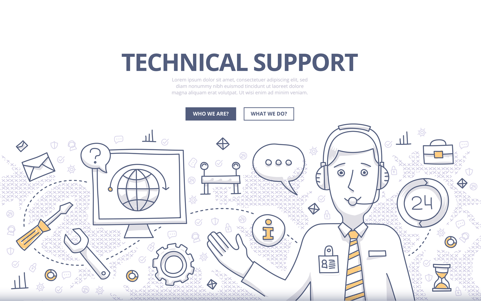 Download Vector "Technical Support Doodle Concept - Vector Image" / Technical Support Doodle Concept - Vector Image - Vector на тему графика vector,abstract,professional,business,support,tech,illustration,service,computer,online,help,chat,call,connection,banners,technical,communication,consultant,concept,head,repair,solution,assis
