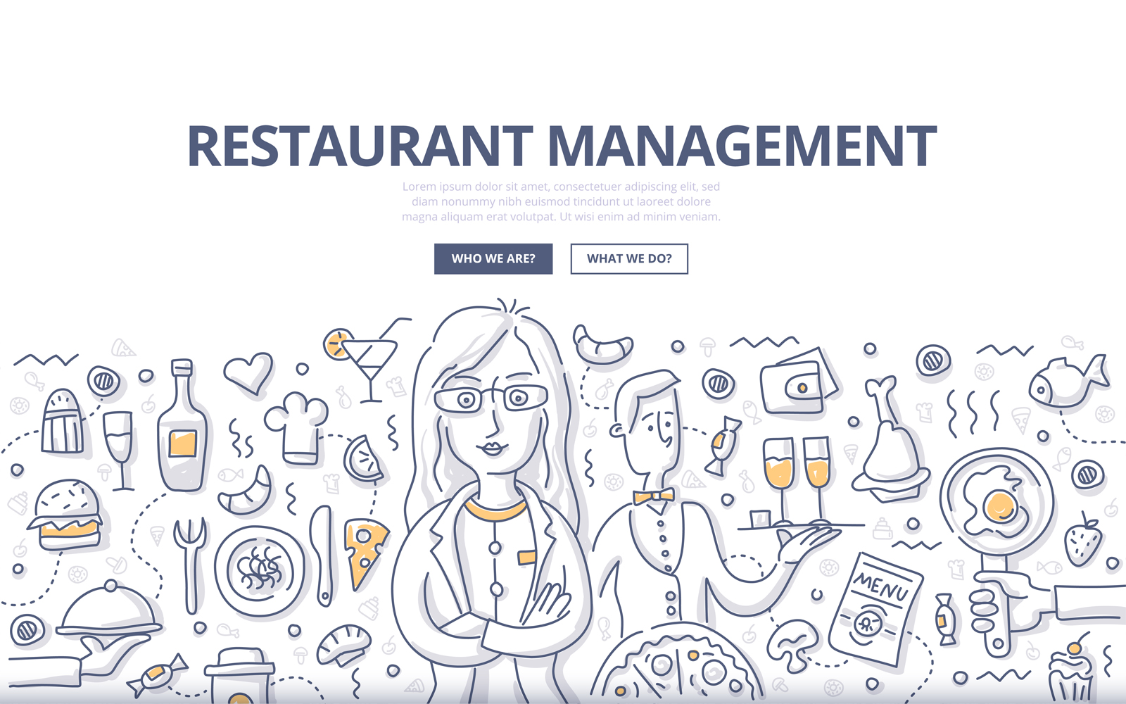 Download Vector "Restaurant Management Doodle Concept - Vector Image" / Restaurant Management Doodle Concept - Vector Image - Vector на тему графика food,cooking,vector,woman,restaurant,professional,business,cafe,industry,manager,menu,staff,pizza,illustration,service,kitchen,work,catering,occupation,cheerful,success,doodle,job,hamburger,e