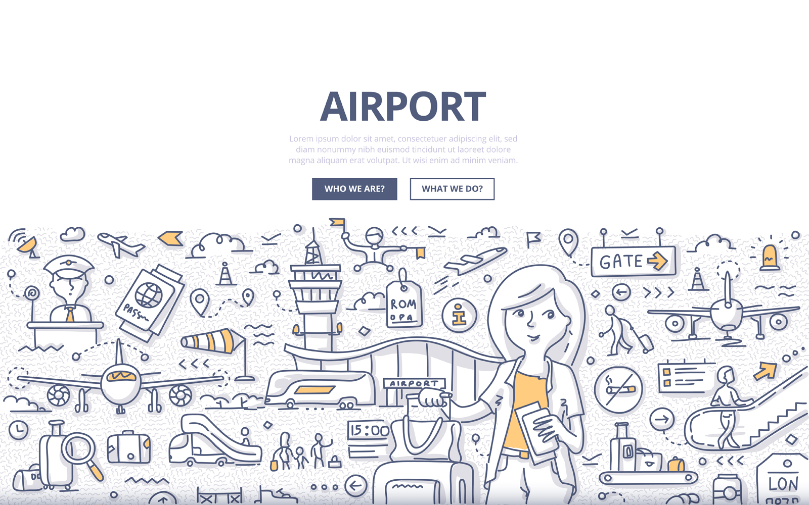 Download Vector "Airport Doodle Concept - Vector Image" / Airport Doodle Concept - Vector Image - Vector на тему графика vector,woman,travel,airplane,airport,plane,trip,transportation,terminal,check in,journey,doodle,transport,luggage,concept,tourist,baggage,departure,passenger,passport control
