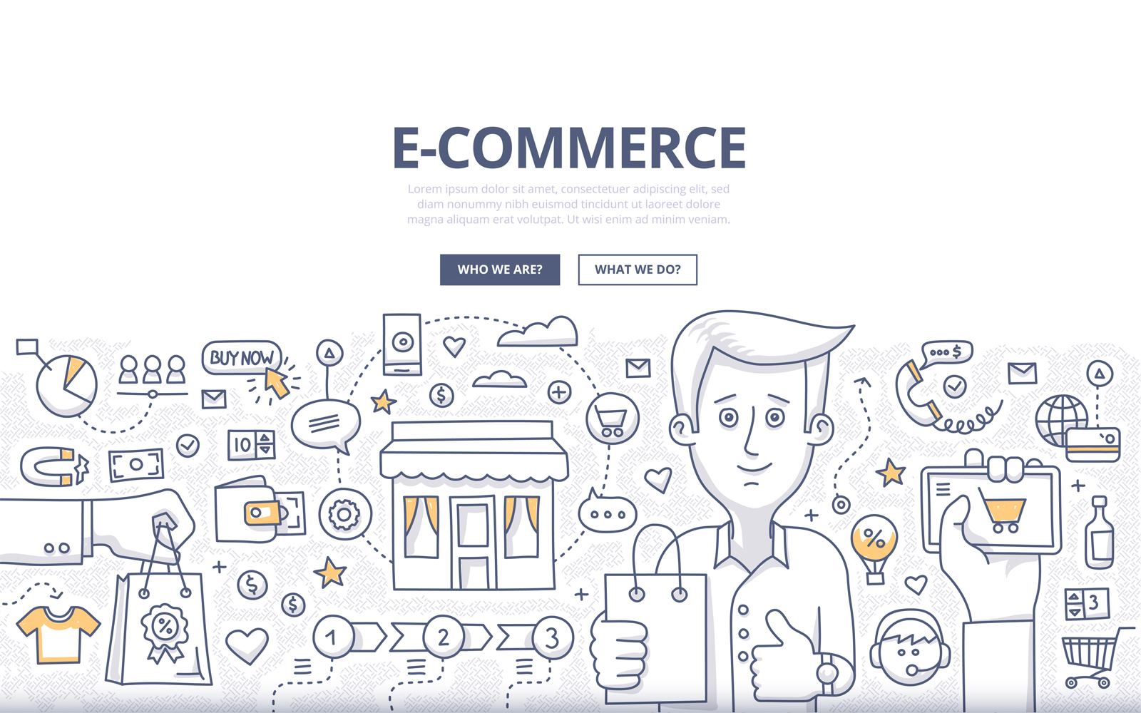 Download Vector "E-commerce Doodle Concept - Vector Image" / E-commerce Doodle Concept - Vector Image - Vector на тему графика retail,vector,store,business,cart,e-commerce,shopping,product,online,customer,discount,buy,money,payment,card,doodle,concept,internet,purchase,consumerism