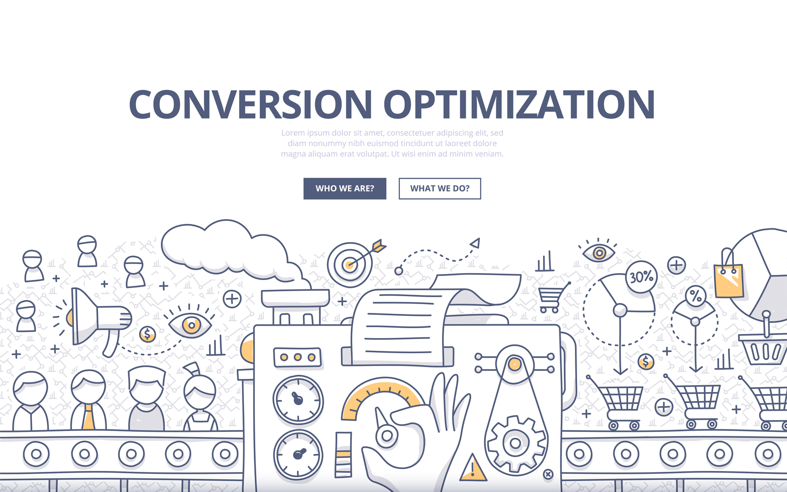 Download Vector "Conversion Optimization Doodle Concept - Vector Image" / Conversion Optimization Doodle Concept - Vector Image - Vector на тему графика vector,abstract,business,marketing,seo,e-commerce,optimization,online,customer,conversion,convert,conveyor,process,concept,internet,traffic,optimize,leads,visitor,technology