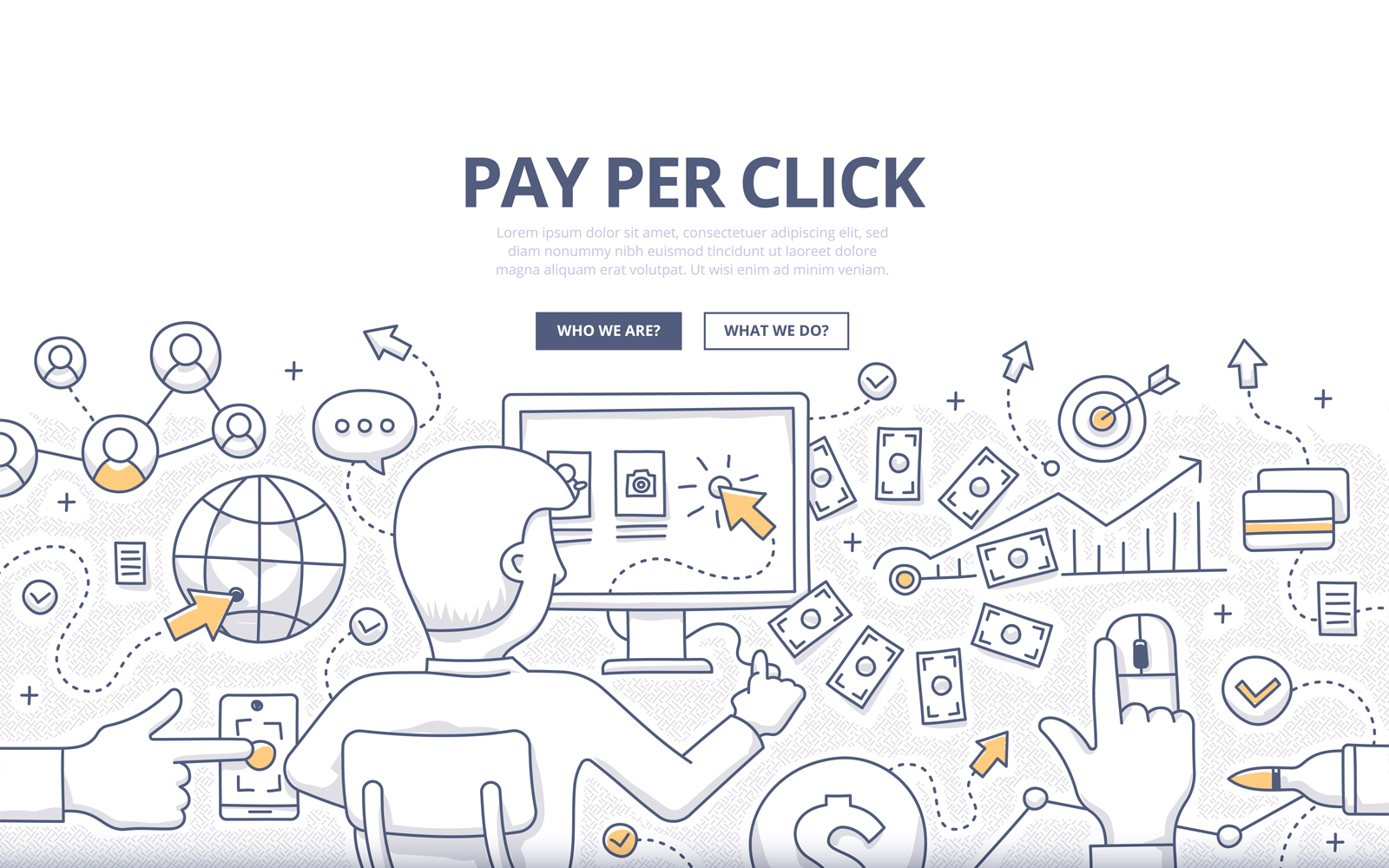 Download Vector "Pay Per Click Doodle Concept - Vector Image" / Pay Per Click Doodle Concept - Vector Image - Vector на тему графика web,vector,advertising,abstract,business,marketing,social media,tech,online,money,pointer,doodle,concept,internet,traffic,cash,revenue,pay per click,ppc,sponsored link