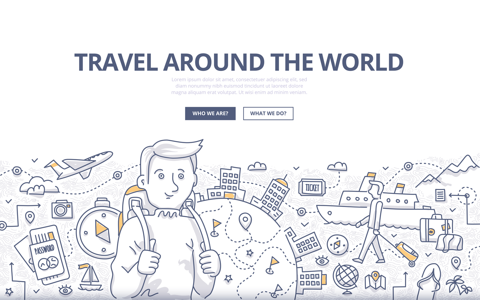 Download Vector "Traveling the World Doodle Concept - Vector Image" / Traveling the World Doodle Concept - Vector Image - Vector на тему графика vector,travel,globe,tourism,vacation,tour,trip,world,route,backpack,journey,doodle,compass,ticket,voyage,concept,landmark,tourist,destination,baggage