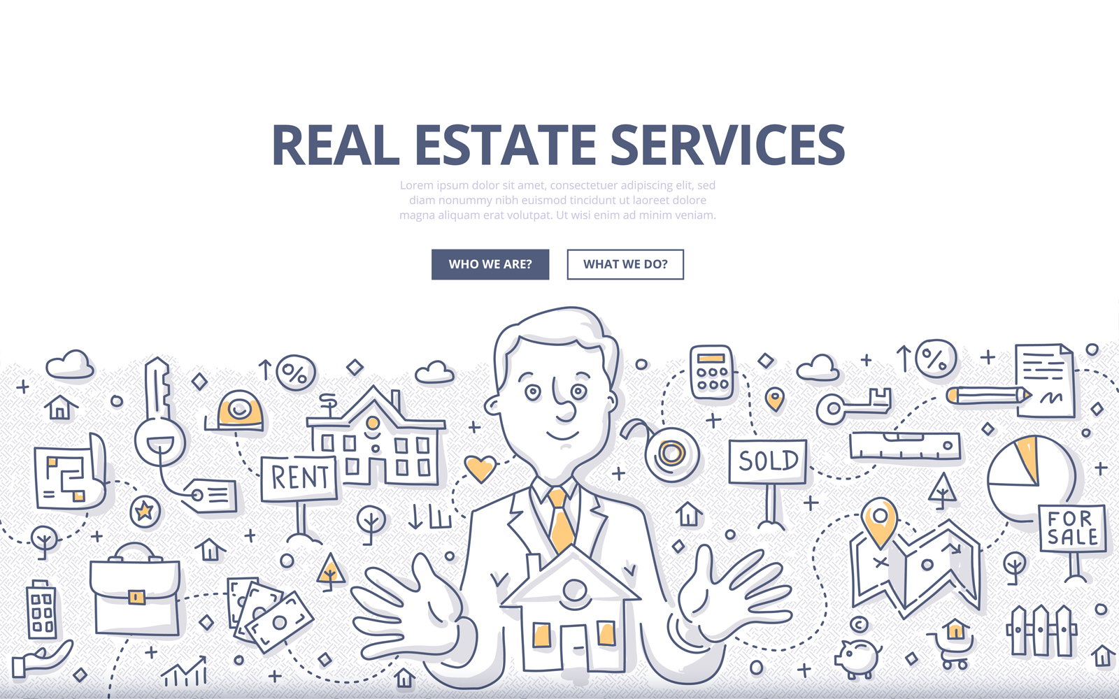 Download Vector "Real Estate Services Doodle Concept - Vector Image" / Real Estate Services Doodle Concept - Vector Image - Vector на тему графика vector,sale,building,loan,apartment,house,property,real estate,agent,rental,home,rent,location,doodle,businessman,mortgage,residential,residence,seller,sold