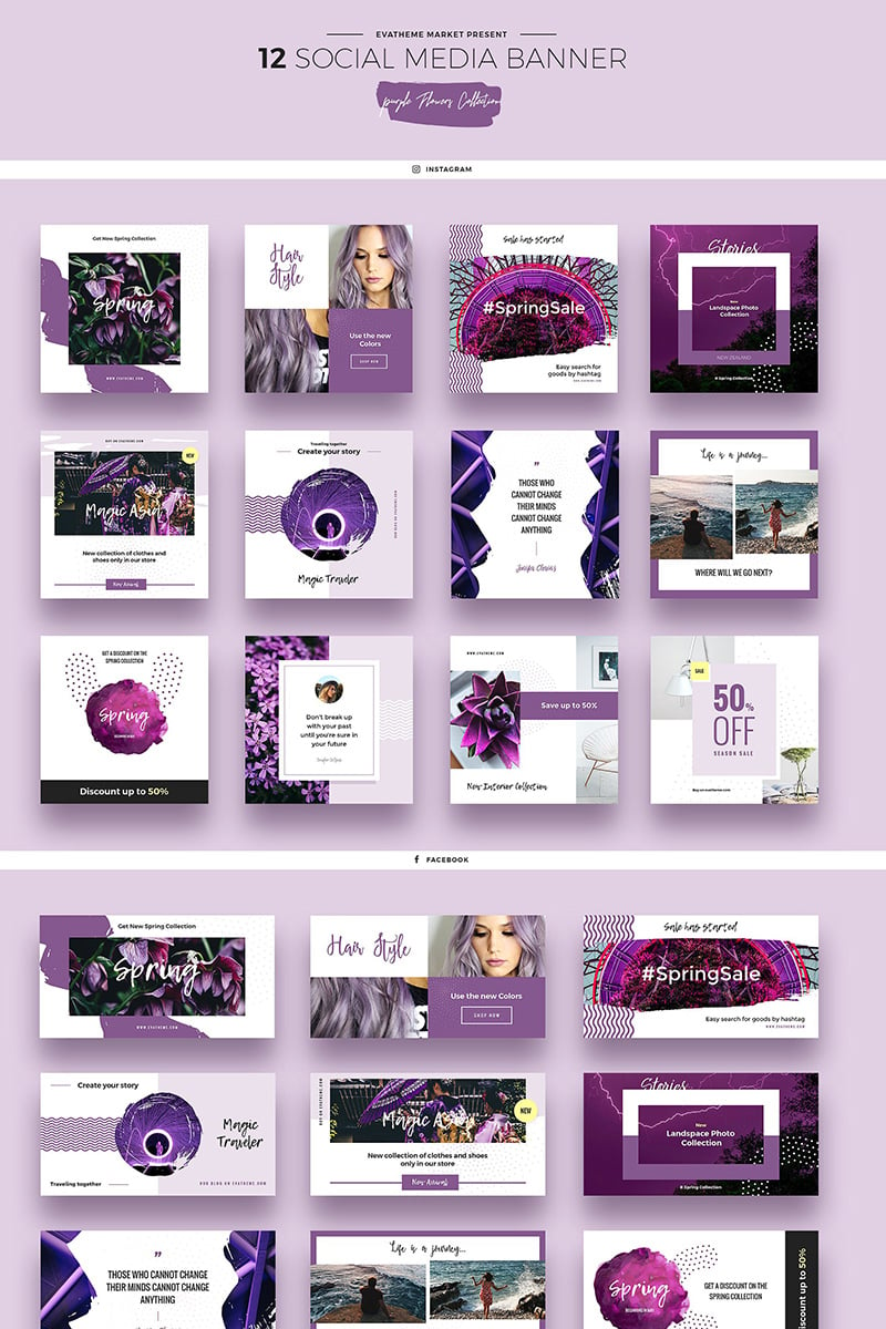 Download Purple Flowers Social Media Designs PSD Template #66946