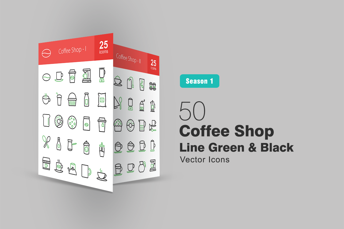 50 Coffee Shop Line Green & Black Icon Set