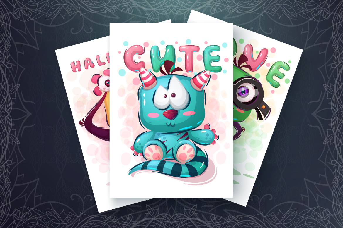 Download Vector "Set Cute Monster - Vector Image" / Set Cute Monster - Vector Image - Vector на тему графика monster,halloween,horror,fear,seamless,pattern,cartoon,character,characters,animal,animals,pet,cute,funny,pretty,beauty,happy,baby,kid,childish